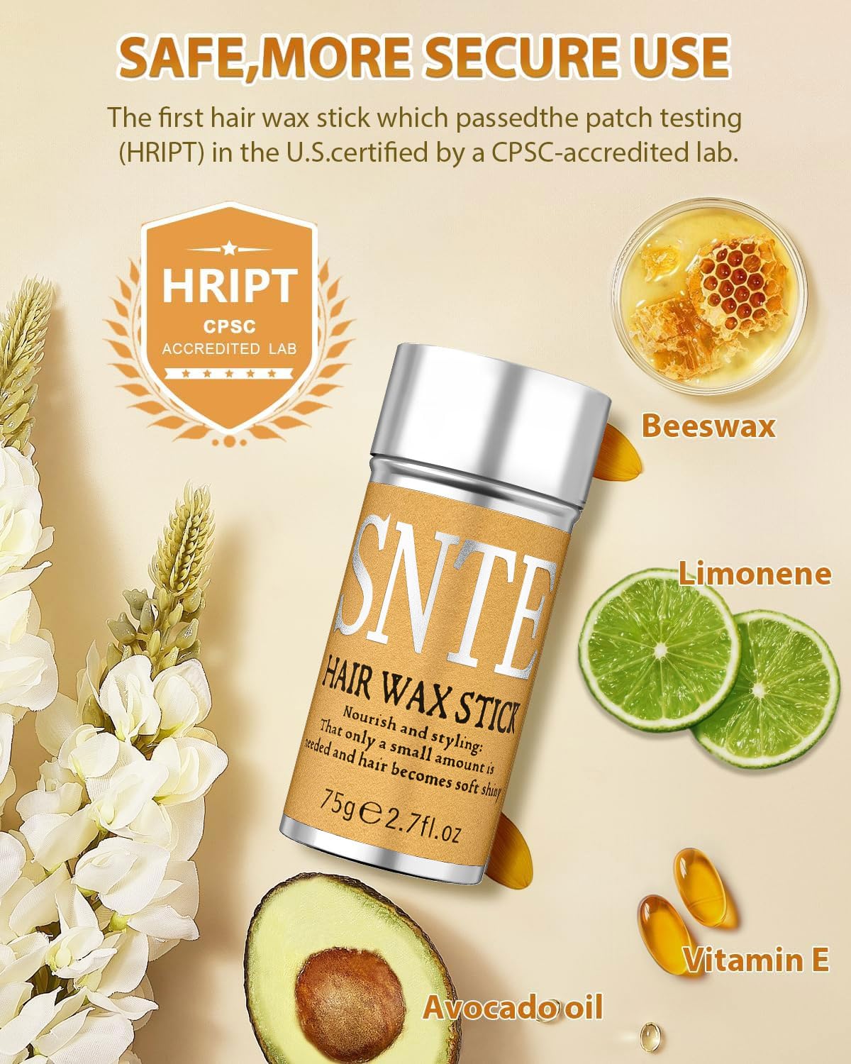Samnyte Hair Wax Stick applying to hair to tame flyaways.