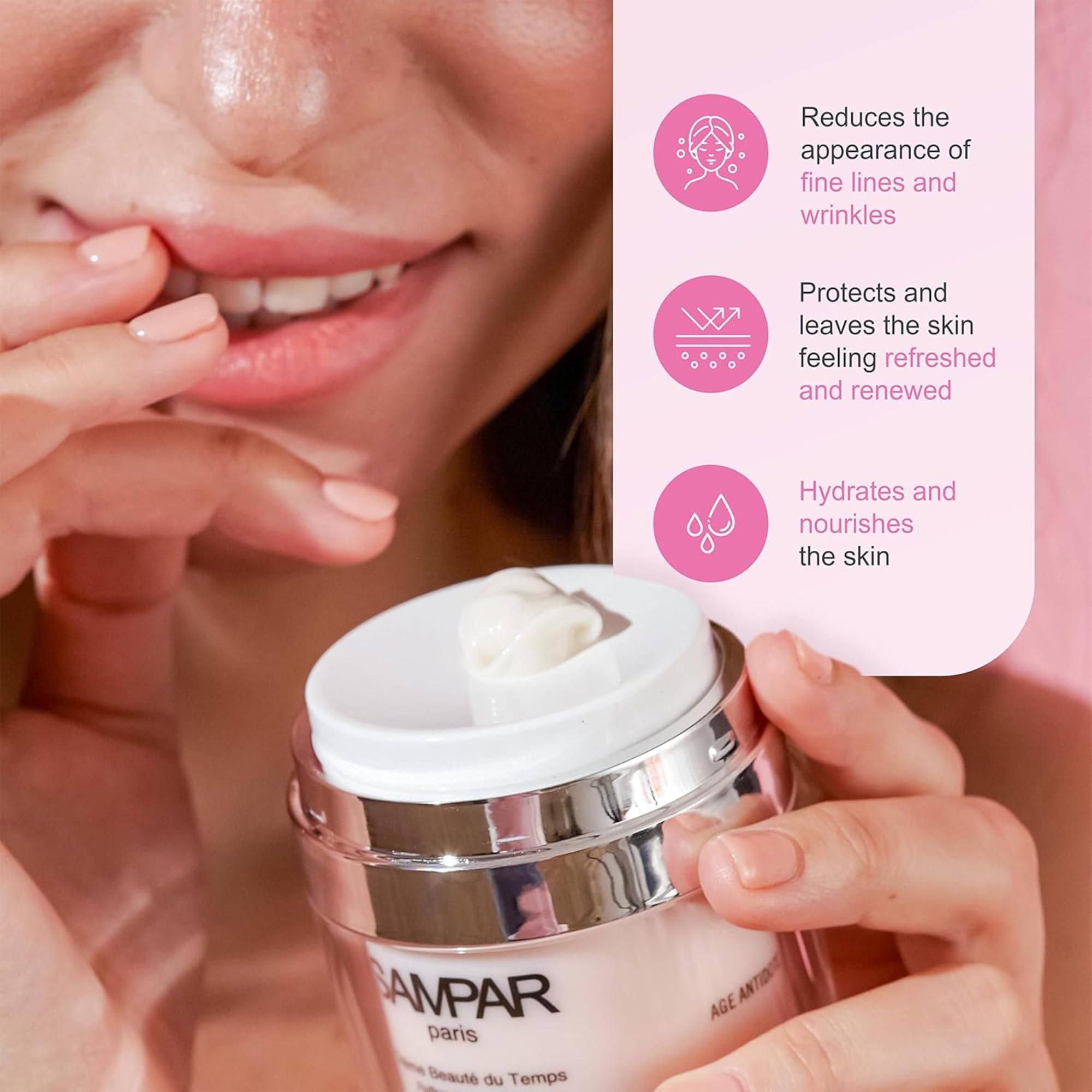 Face application shot illustrating quick absorption and natural radiance