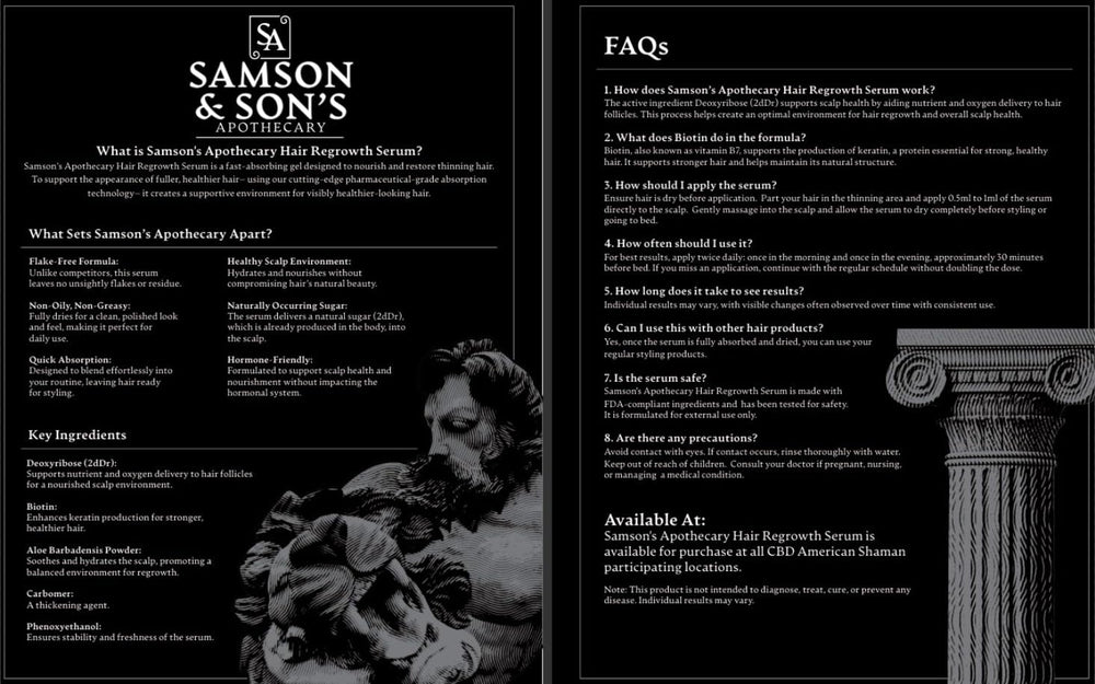 Samson & Son's Hair Regrowth Serum 60ml bottle shot emphasizes compact size for travel.