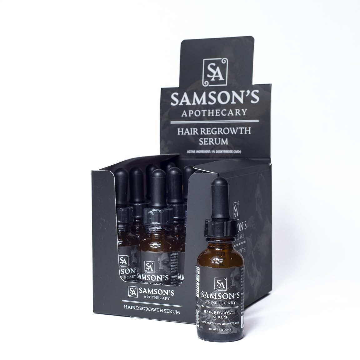 Samson's Apothecary Hair Regrowth Serum bottle closeup shows a non-greasy formula for daily use