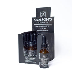 Samson's Apothecary Hair Regrowth Serum bottle closeup shows a non-greasy formula for daily use