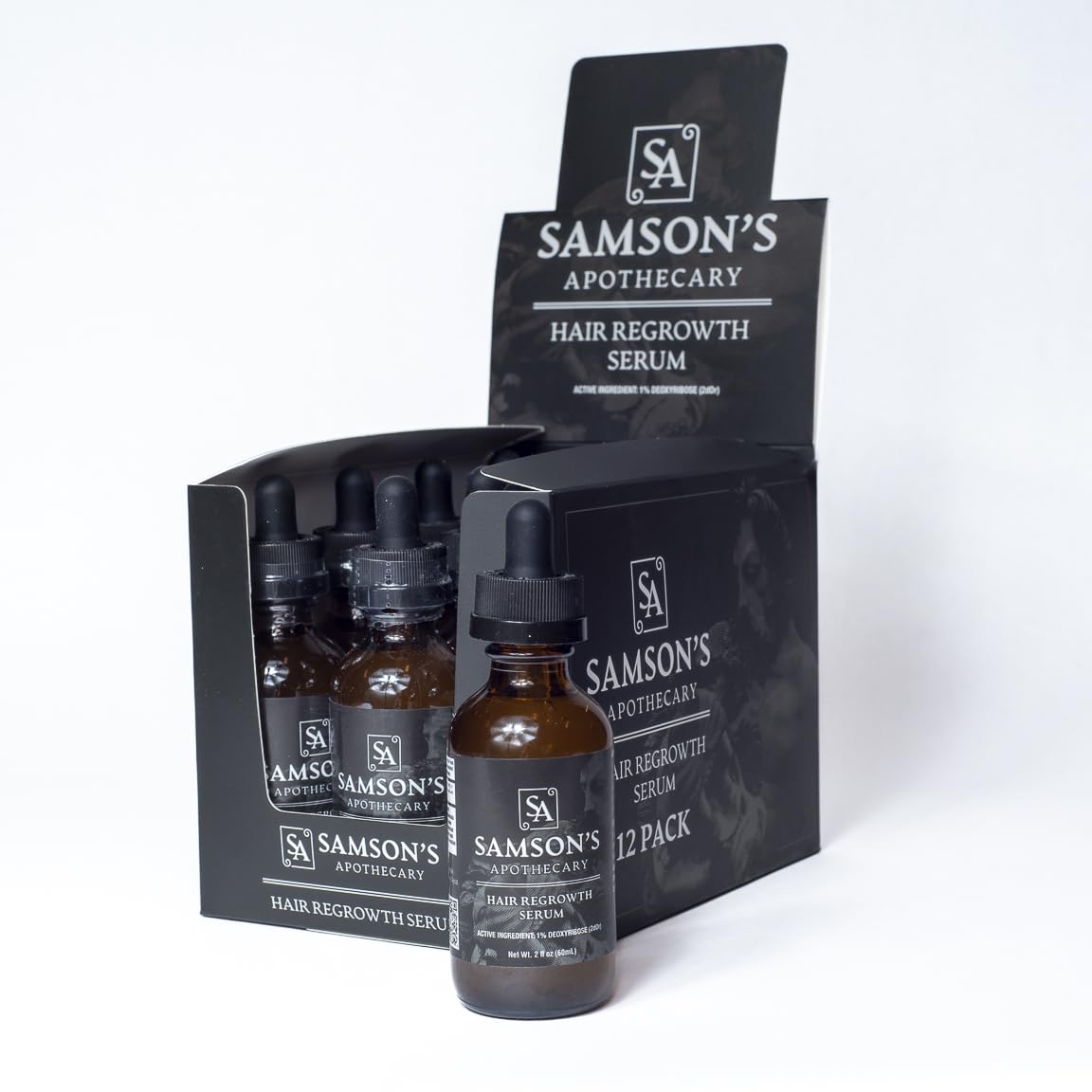 Samson & Son's Hair Regrowth Serum label closeup shows clear ingredients and usage guidance.