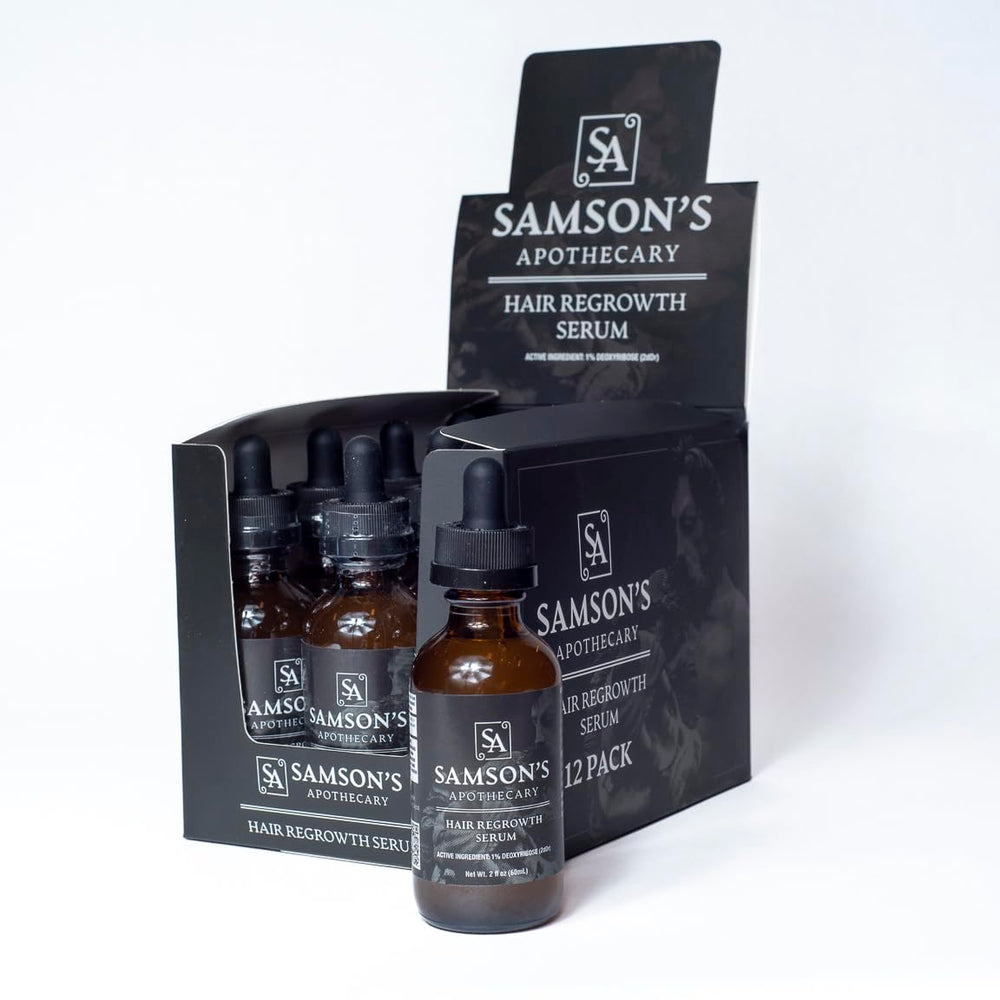 Samson & Son's Hair Regrowth Serum label closeup shows clear ingredients and usage guidance.