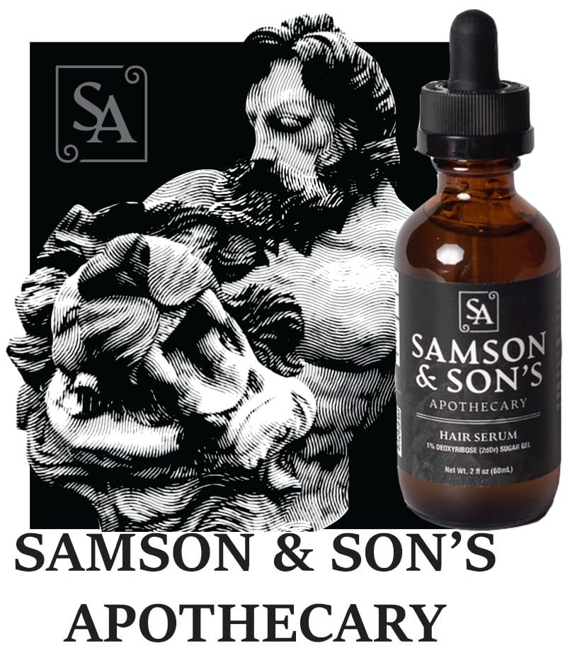Samson & Son's Hair Regrowth Serum packaging scene conveys premium aesthetics.