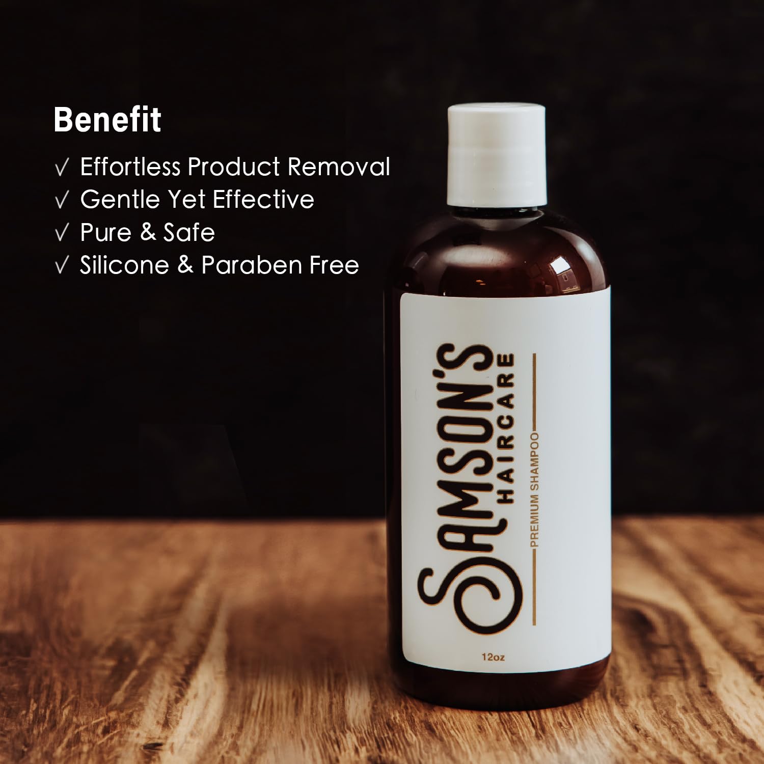 SAMSON'S HAIRCARE bottle shown with easy rinse and residue-free results