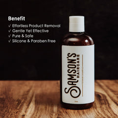SAMSON'S HAIRCARE bottle shown with easy rinse and residue-free results