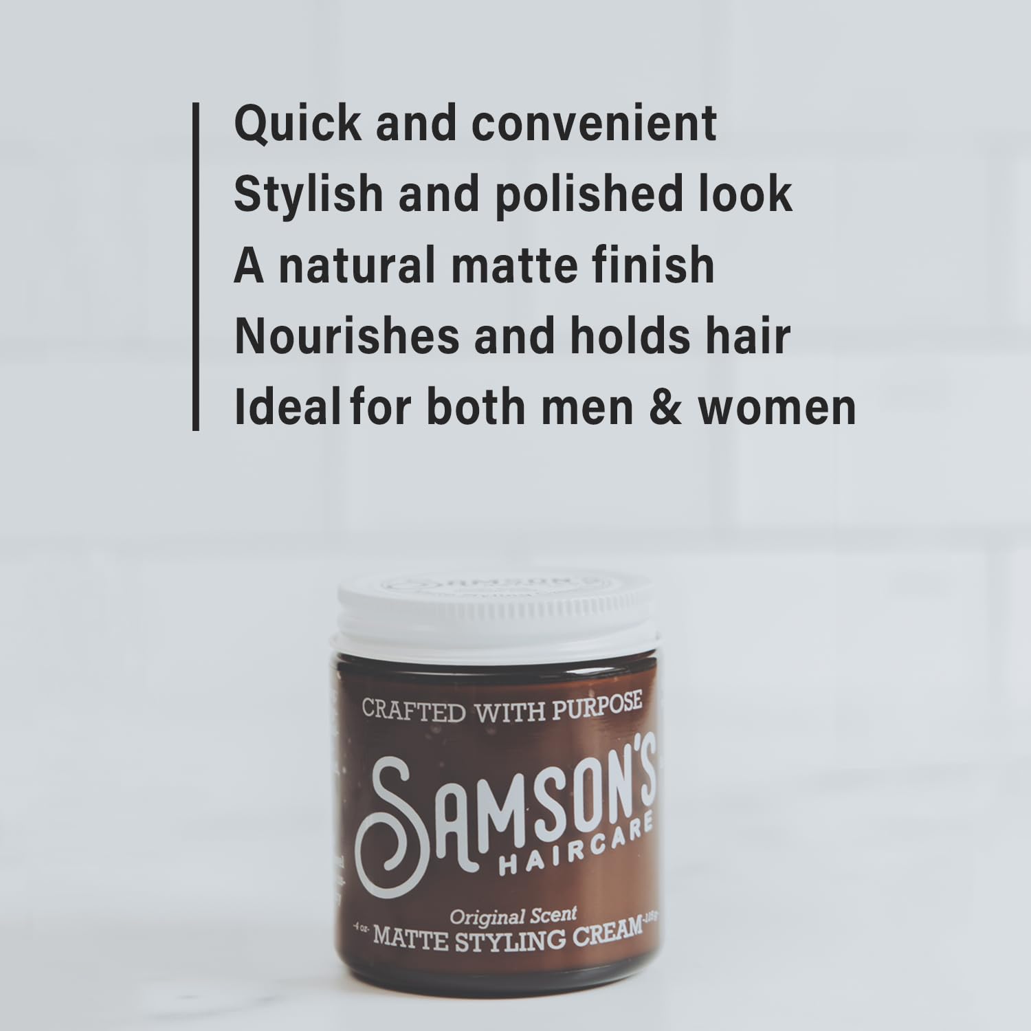 SAMSON'S HAIRCARE Matte Styling Cream ingredients list highlights nourishing components.