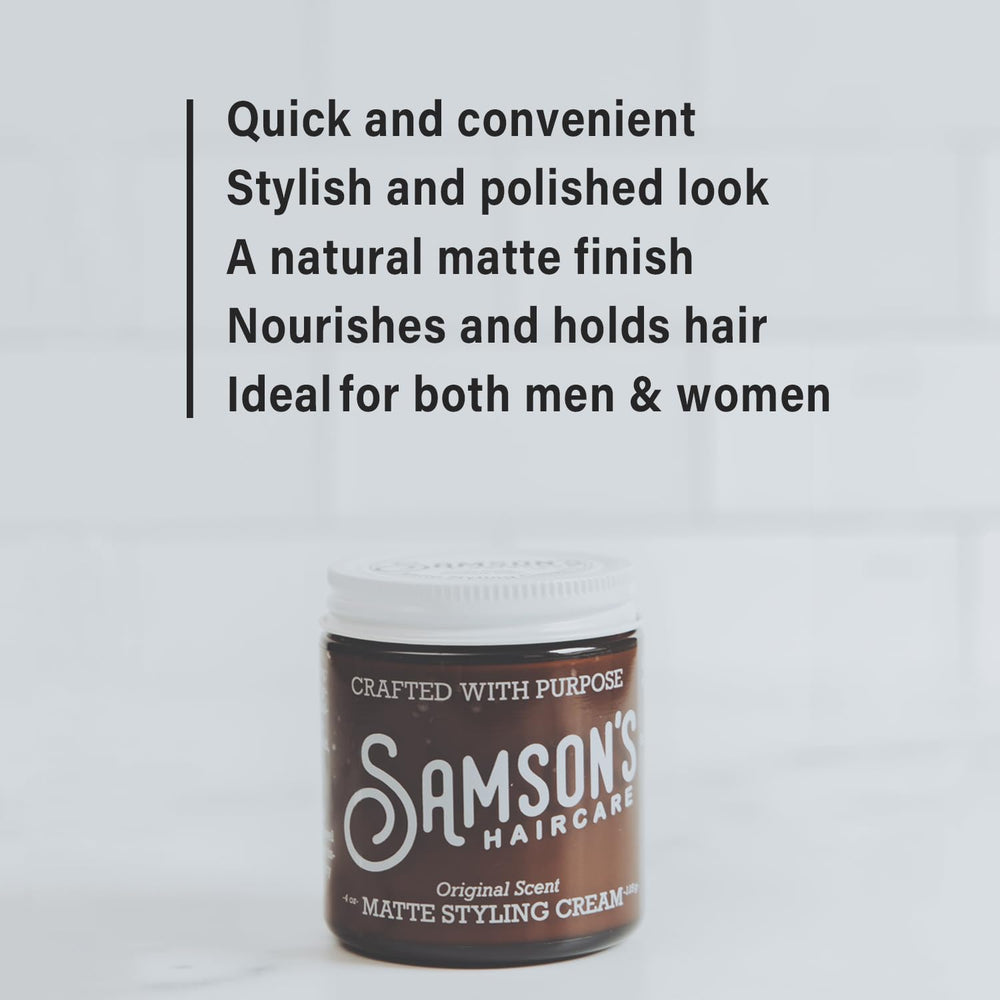 SAMSON'S HAIRCARE Matte Styling Cream ingredients list highlights nourishing components.