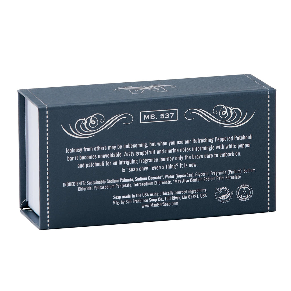 San Francisco Soap Company Peppered Patchouli Man Bar lathering into rich foam in the shower