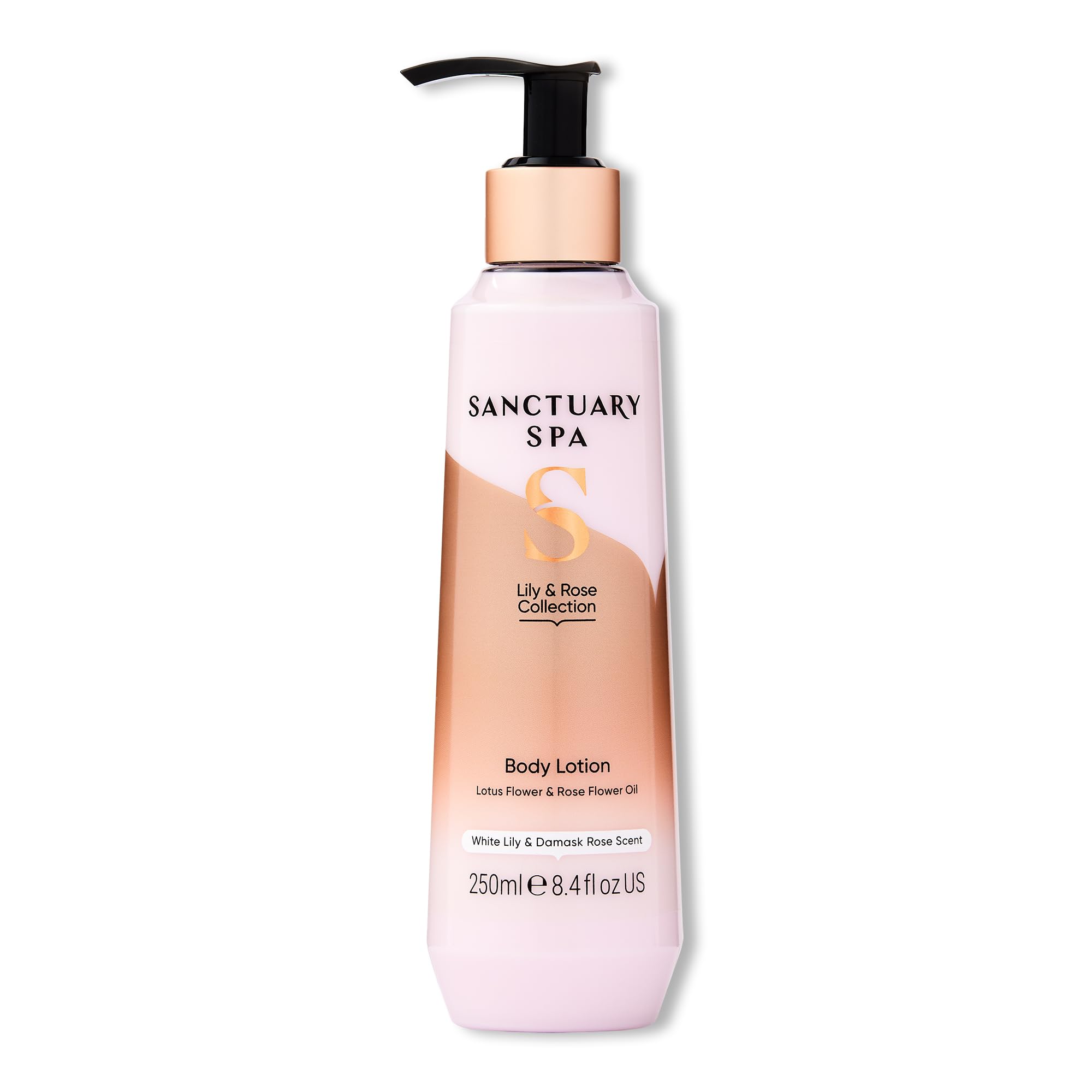 SANCTUARY Lily and Rose Body Lotion pump application demonstrates quick absorption for silky skin.