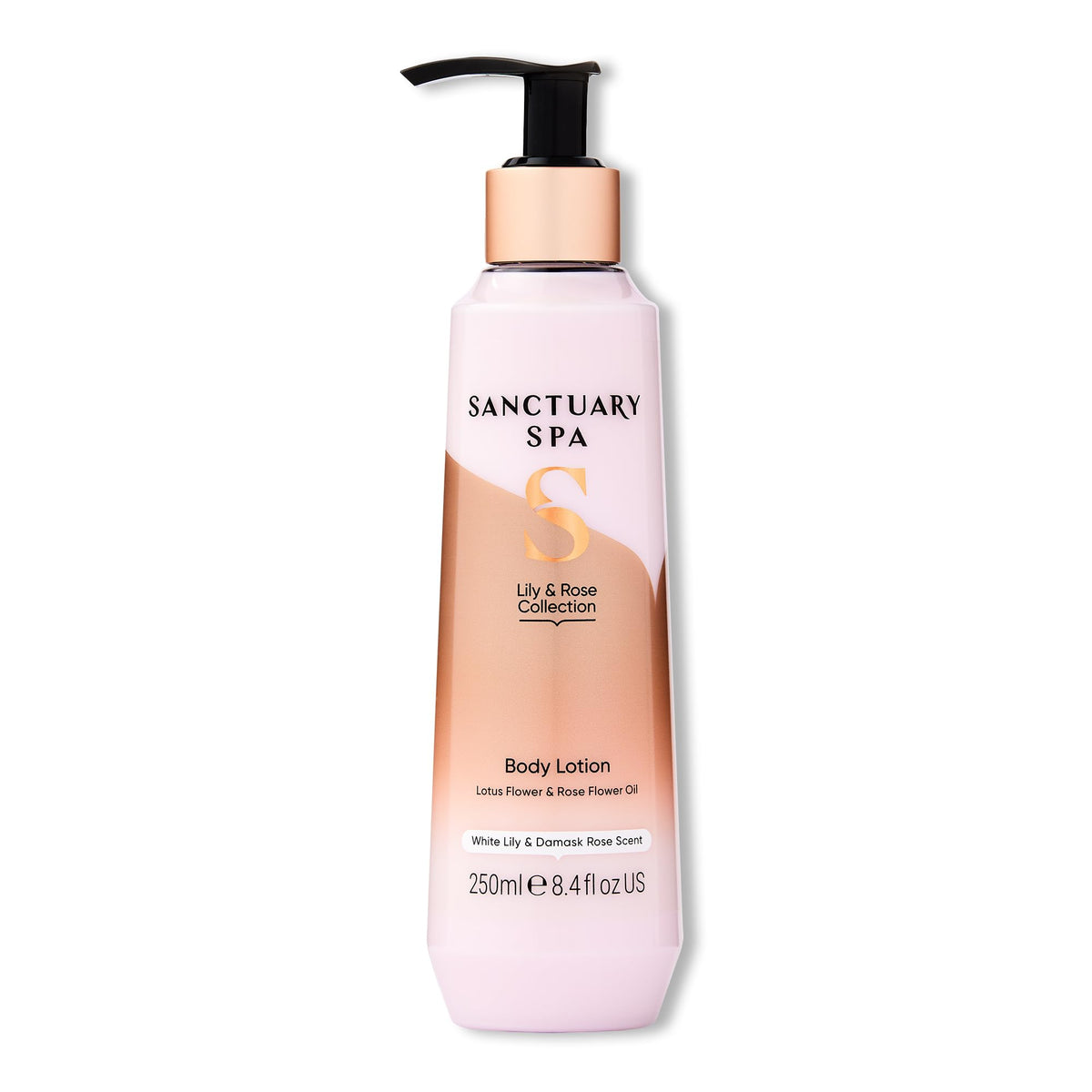 SANCTUARY Lily and Rose Body Lotion pump application demonstrates quick absorption for silky skin.
