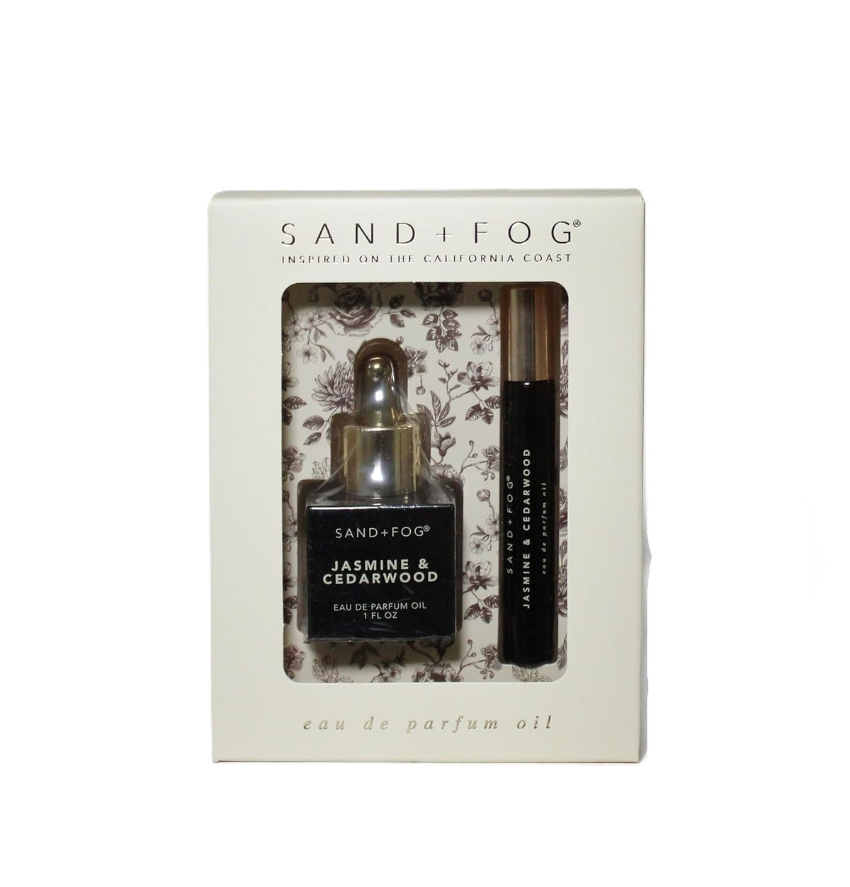 Sand + Fog Jasmine & Cedarwood oil set with dropper and roller for long-lasting fragrance