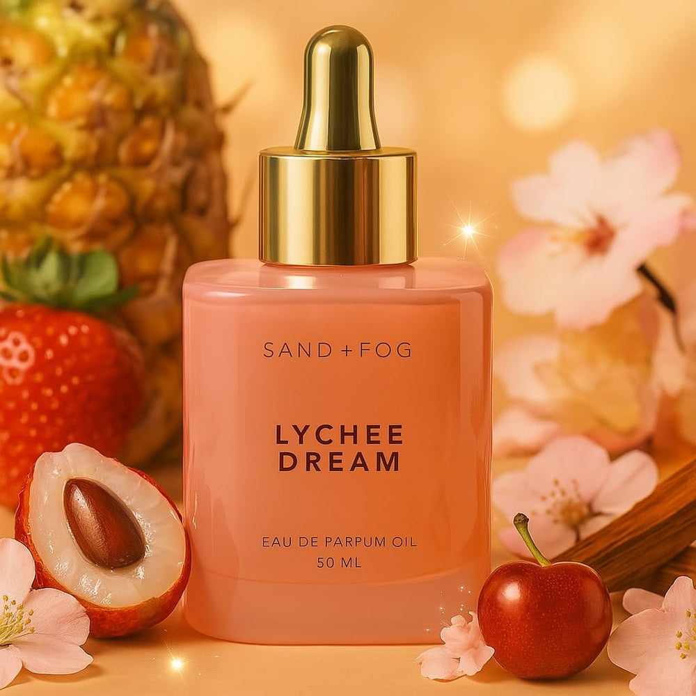 Sand + Fog Lychee Dream coral glass packaging exudes luxe design and gifting appeal.