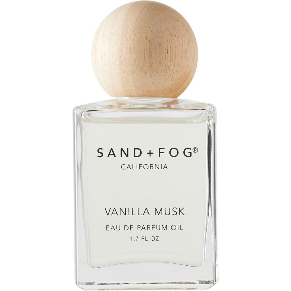 Sand + Fog Vanilla Musk perfume oil bottle shows warm vanilla and musk