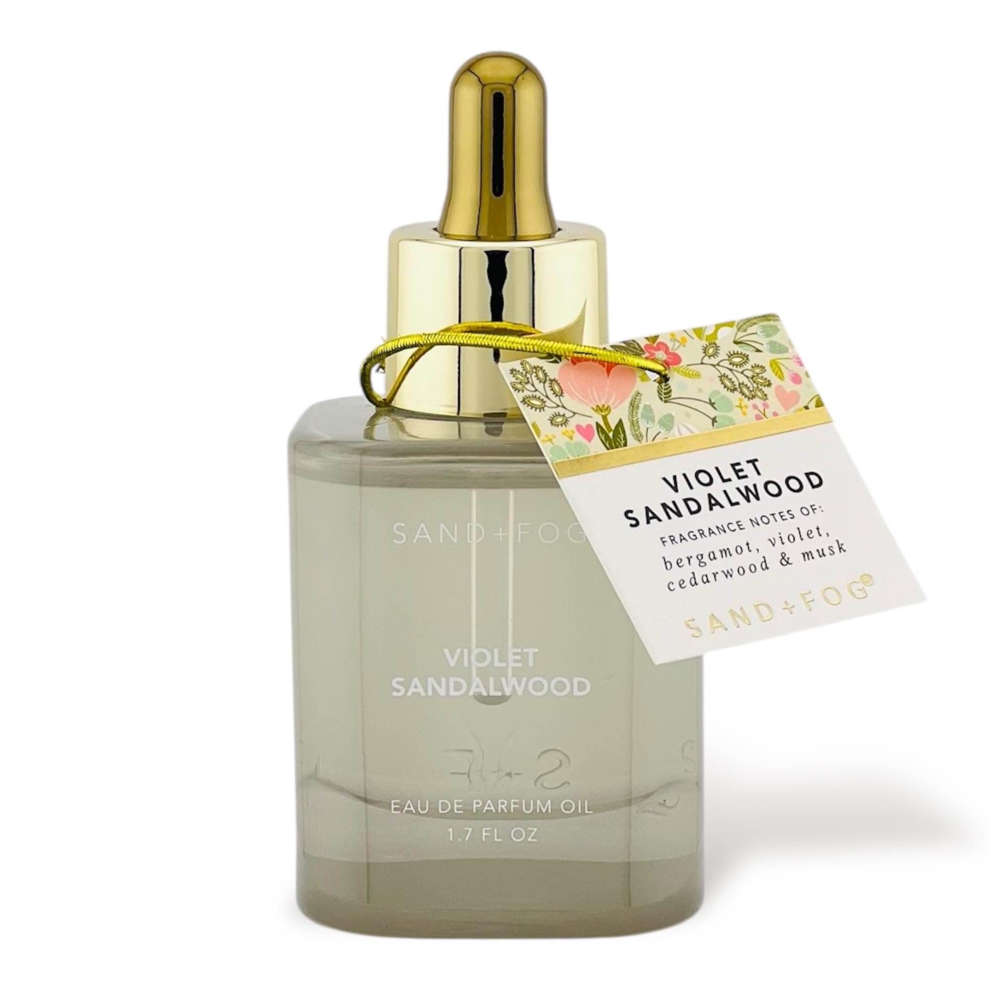 Sand + Fog Violet Sandalwood bottle shows a premium fragrance for daily wear on a vanity