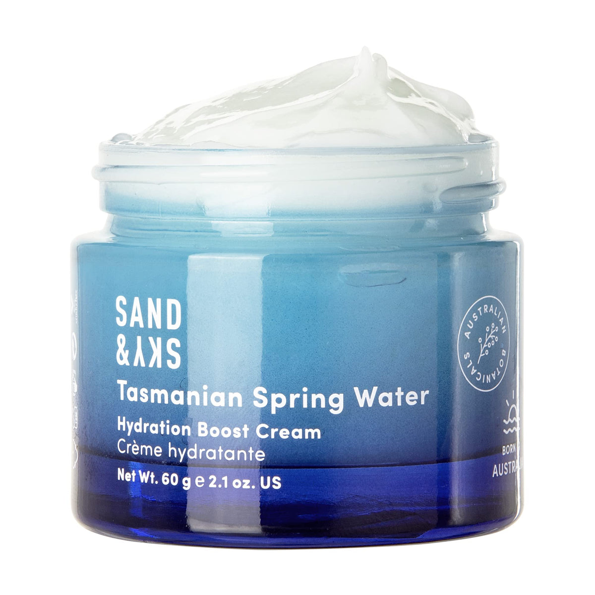 Sand & Sky moisturizer bottle delivering Tasmanian Spring Water hydration for dry skin.