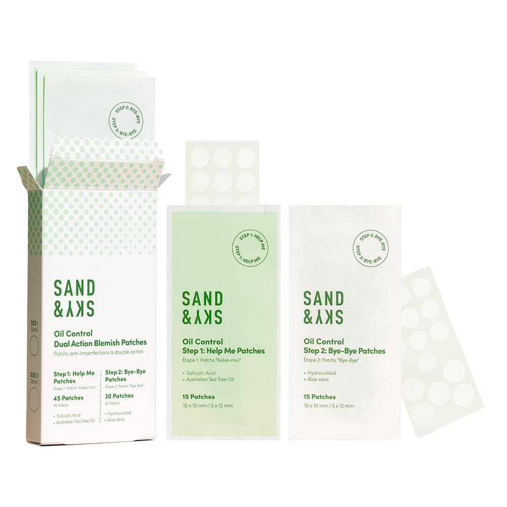 Sand & Sky pimple patches package front showing dual-action blemish care.