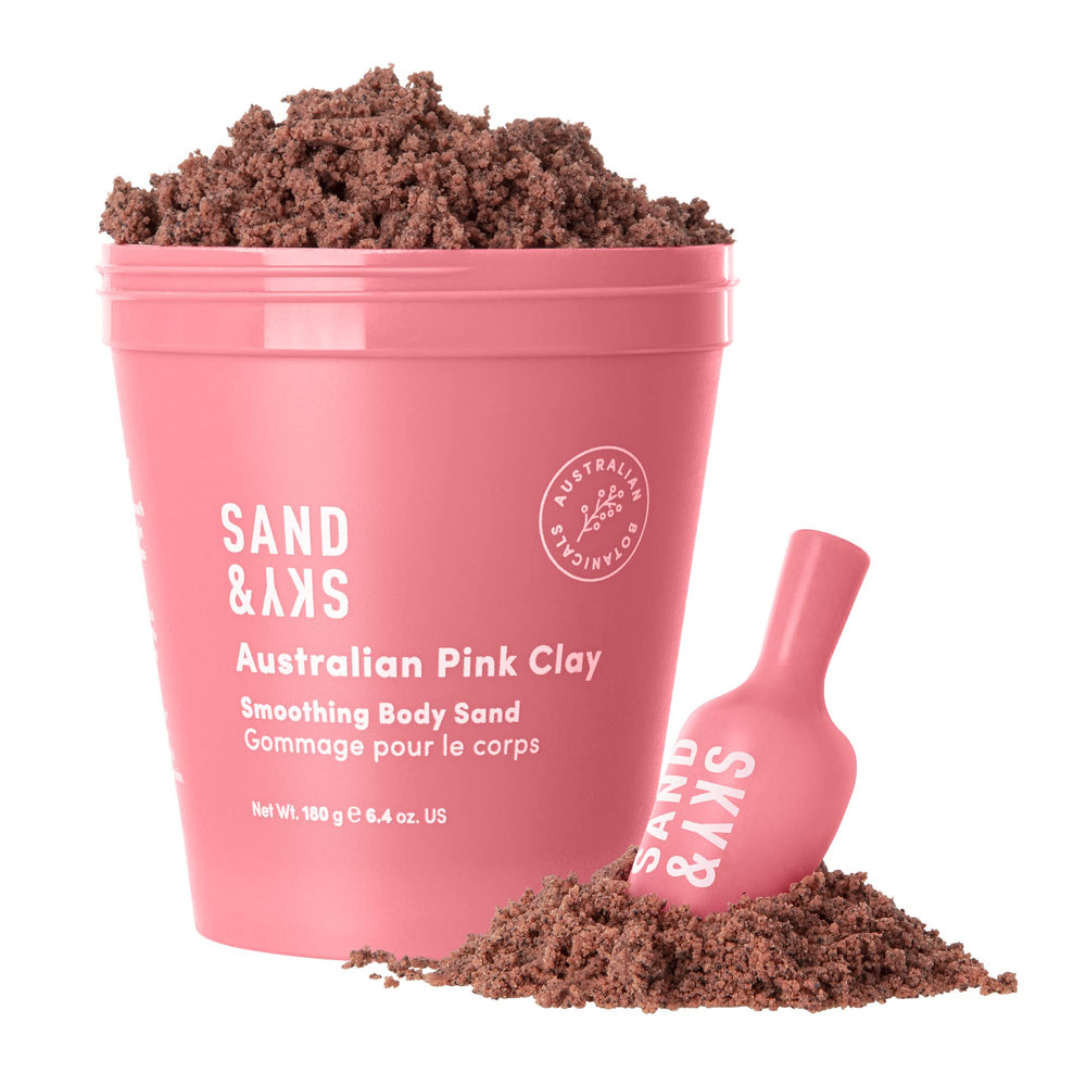 Sand & Sky pink clay body scrub in a jar, detoxifying and smoothing skin.