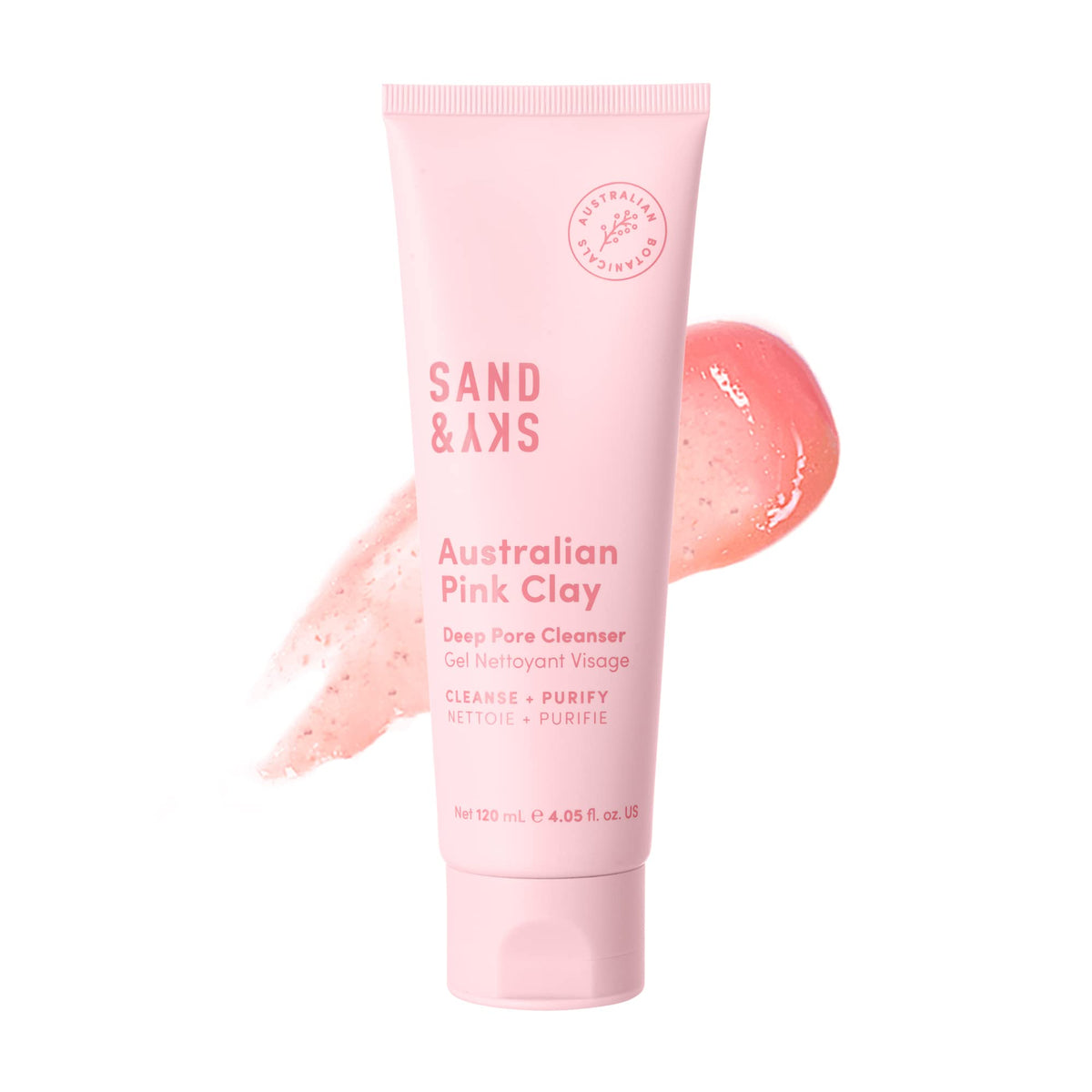 Sand and Sky Australian Pink Clay Cleanser bottle showing daily detox and oil control benefits.