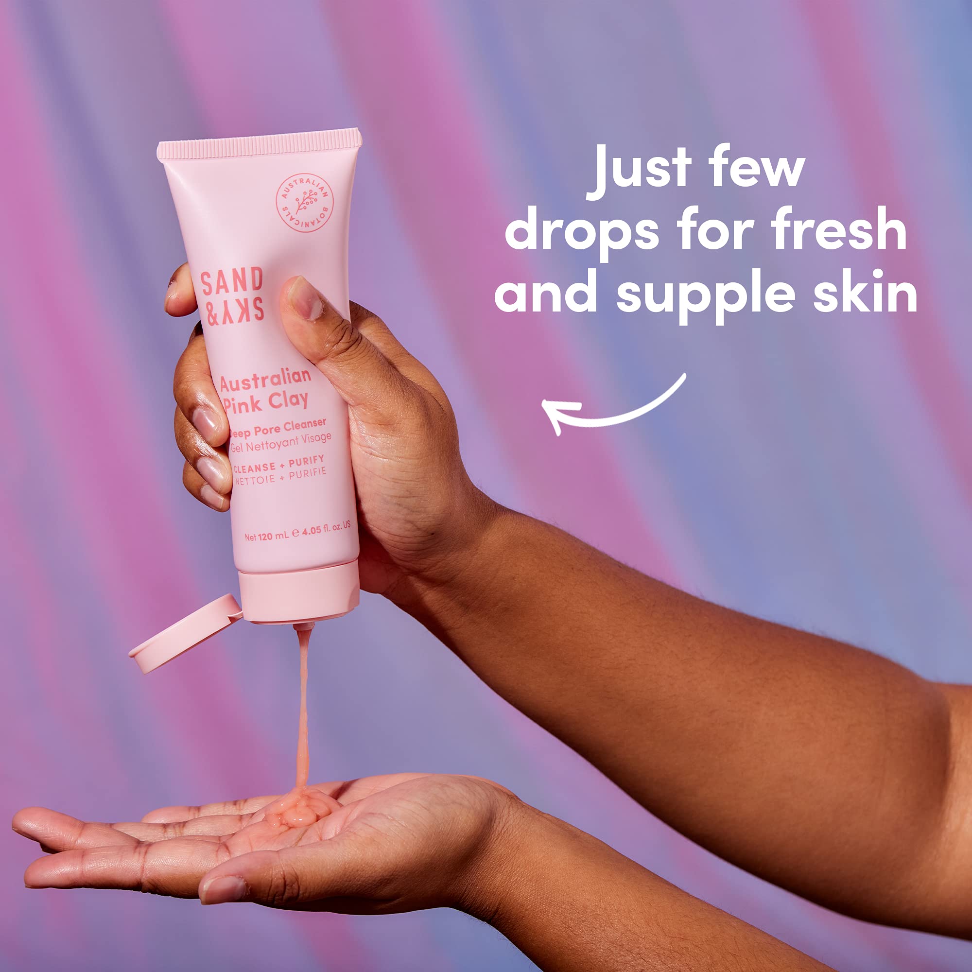 Foaming action of Sand and Sky Pink Clay Cleanser as it cleanses the skin.