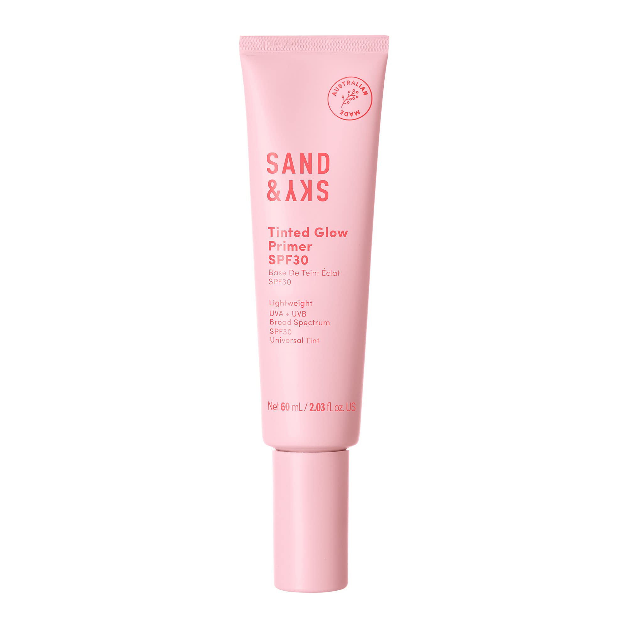 Sand & Sky Tinted Glow Primer SPF 30 bottle shows rosy glow and daily hydration