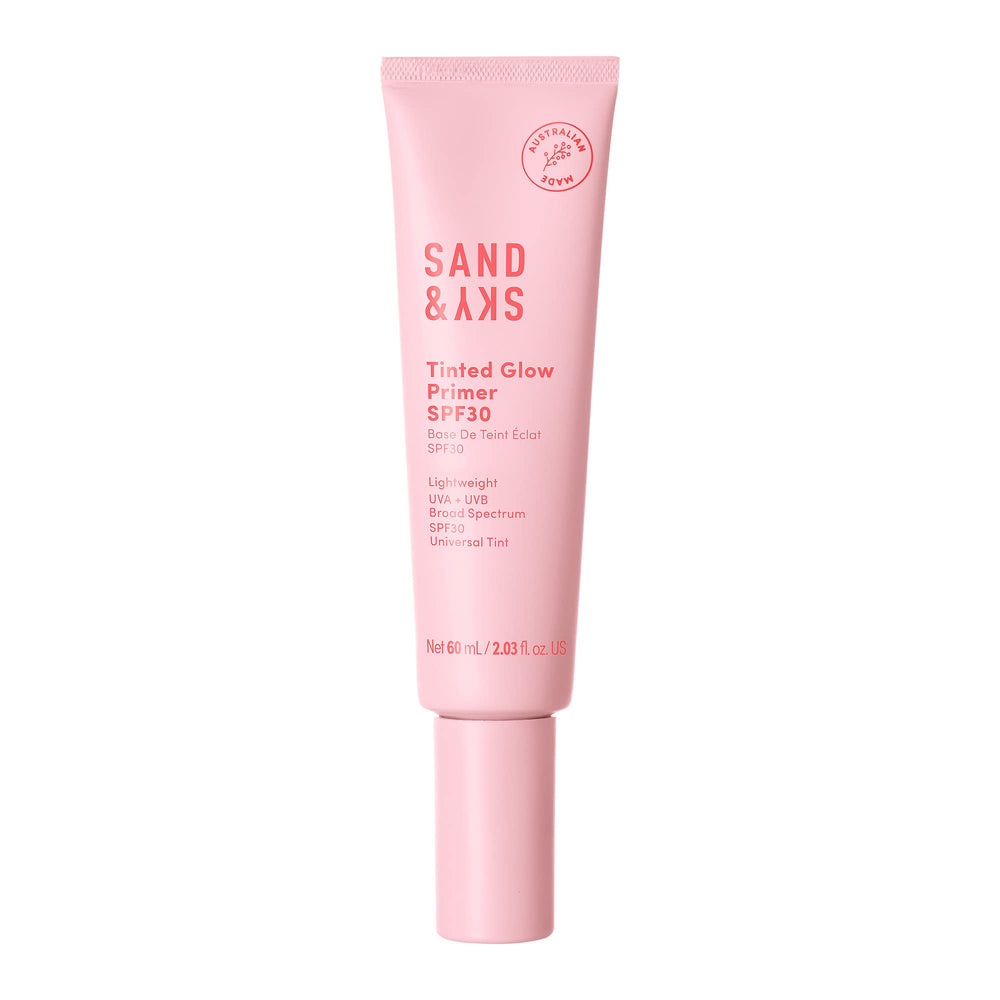 Sand & Sky Tinted Glow Primer SPF 30 bottle shows rosy glow and daily hydration