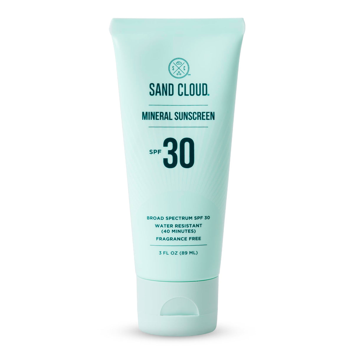 Sand Cloud broad-spectrum mineral sunscreen bottle offers fragrance-free sun protection