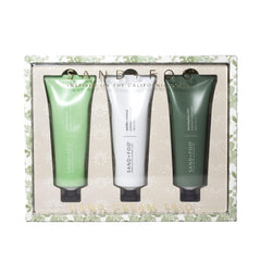 Sand + Fog hand cream trio with Sweet Almond scent for daily hydration.