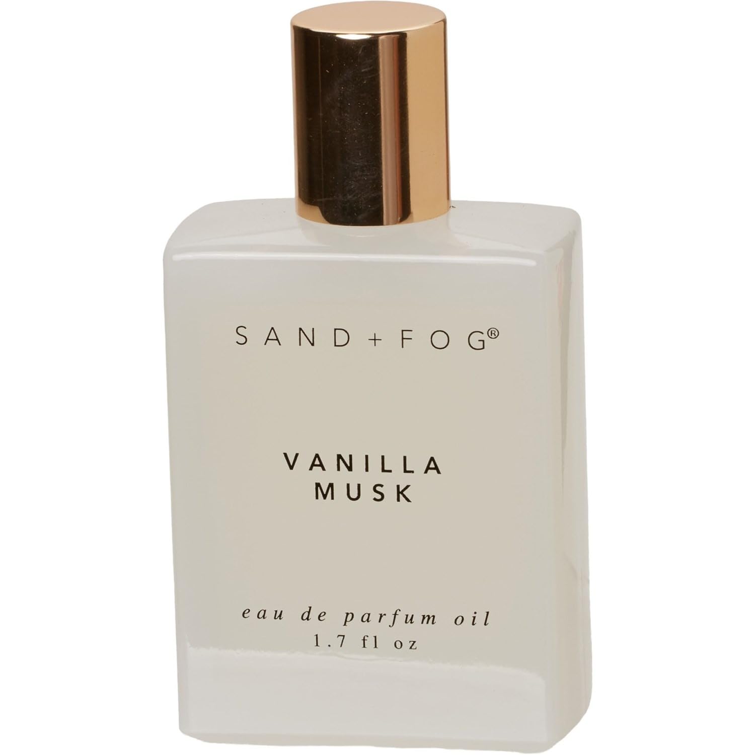 Sand and Fog Vanilla Musk rollerball bottle shows warm, long-lasting fragrance.