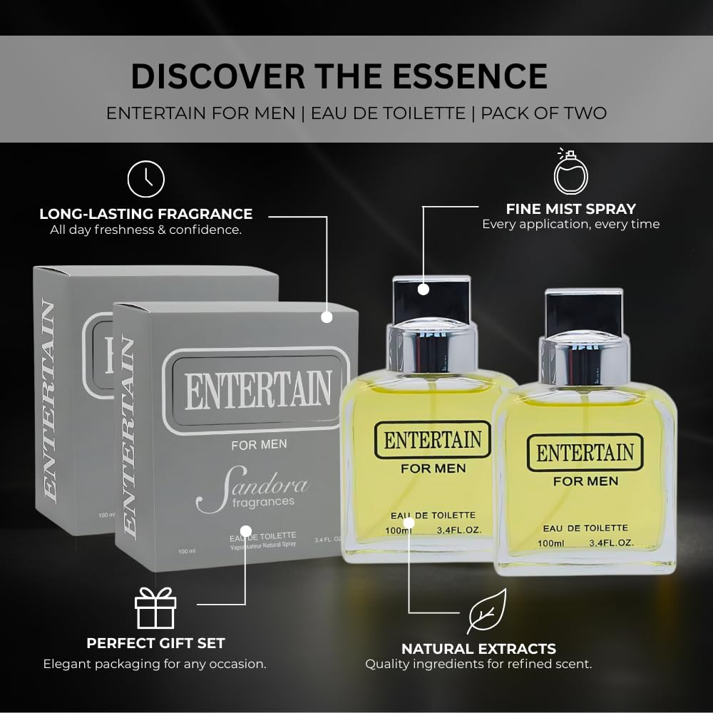 Sandora Fragrances Entertain for Men duo base-notes emphasizing warm woods and musk for depth.