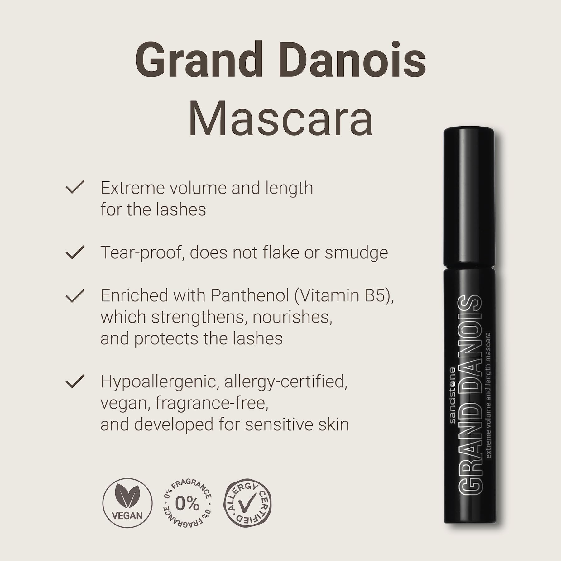 Sandstone Scandinavia mascara wand applying length for dramatic lashes