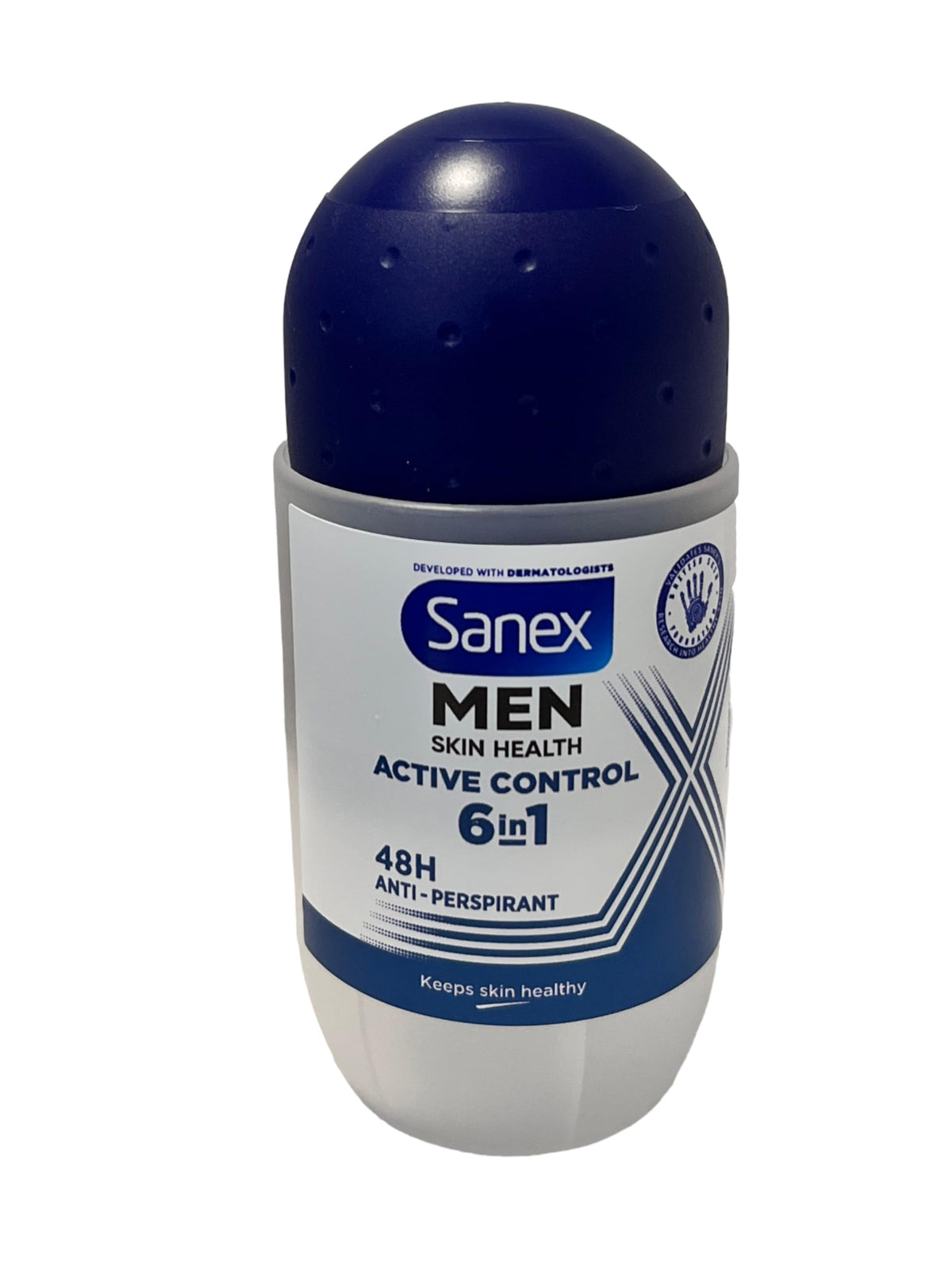 Sanex Active Control roll-on bottle, 50ml, fast-drying for daily freshness.
