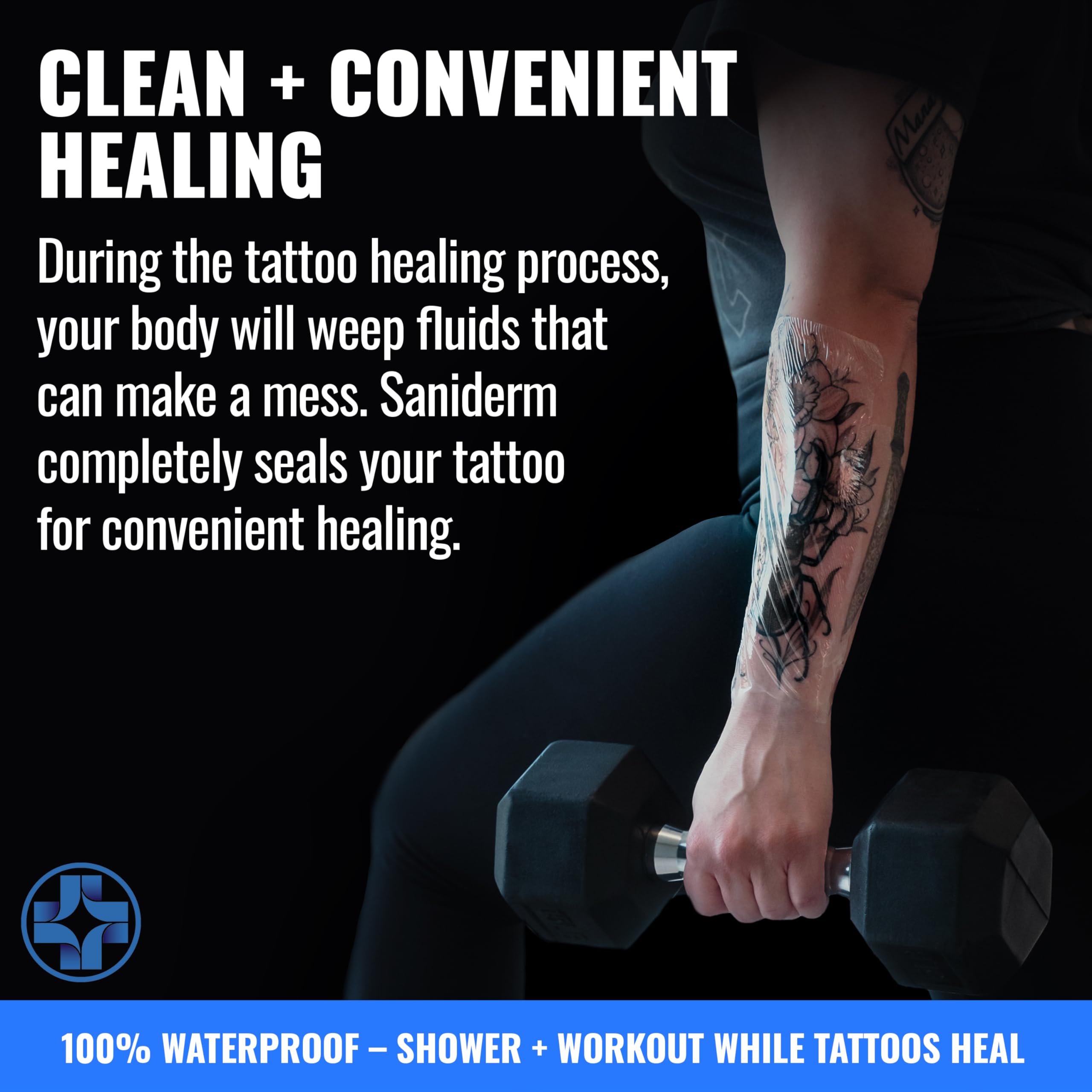 Close-up of Saniderm bandage on skin for secure coverage.