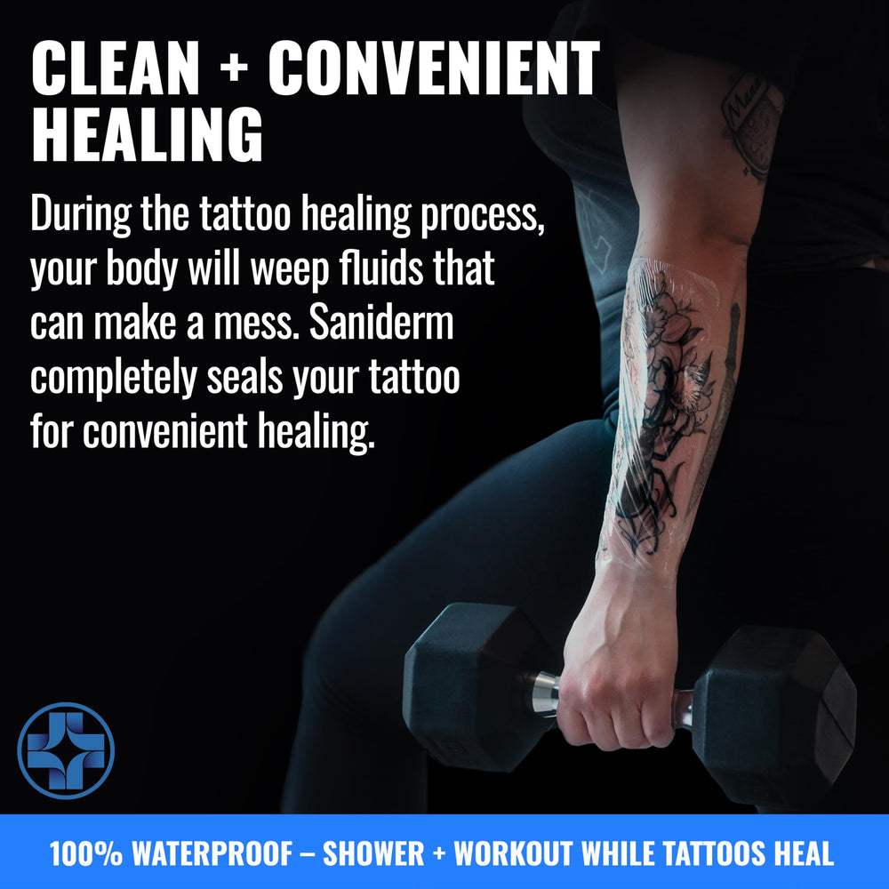 Close-up of Saniderm bandage on skin for secure coverage.