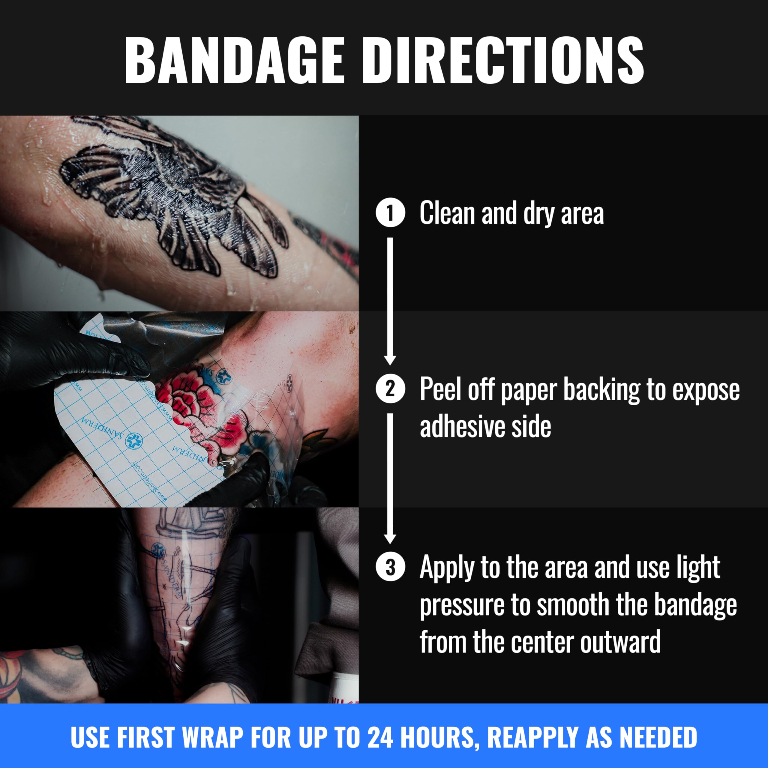 Saniderm bandage keeps ink moisturized and protected during first week.