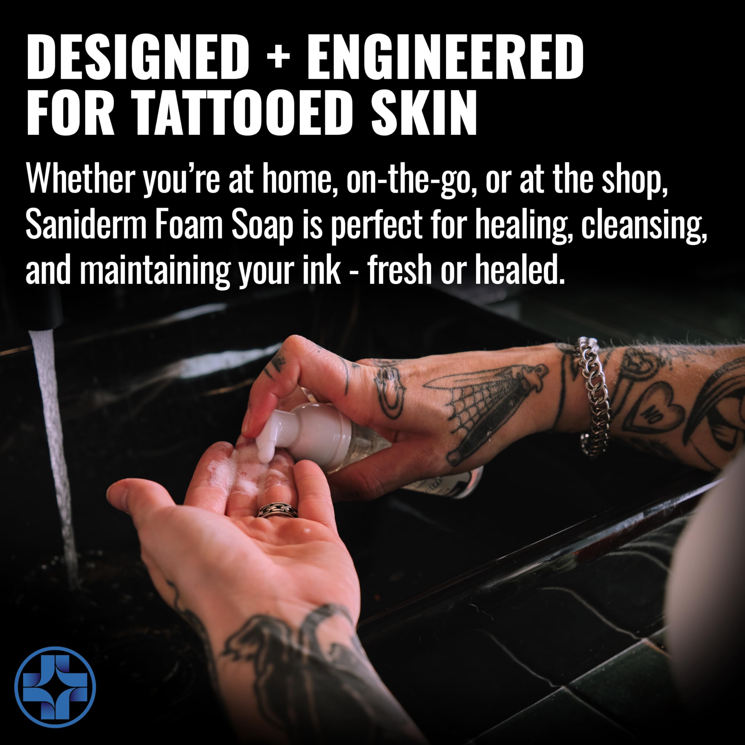 Saniderm Foaming Tattoo Soap foam in action for moisturizing aftercare