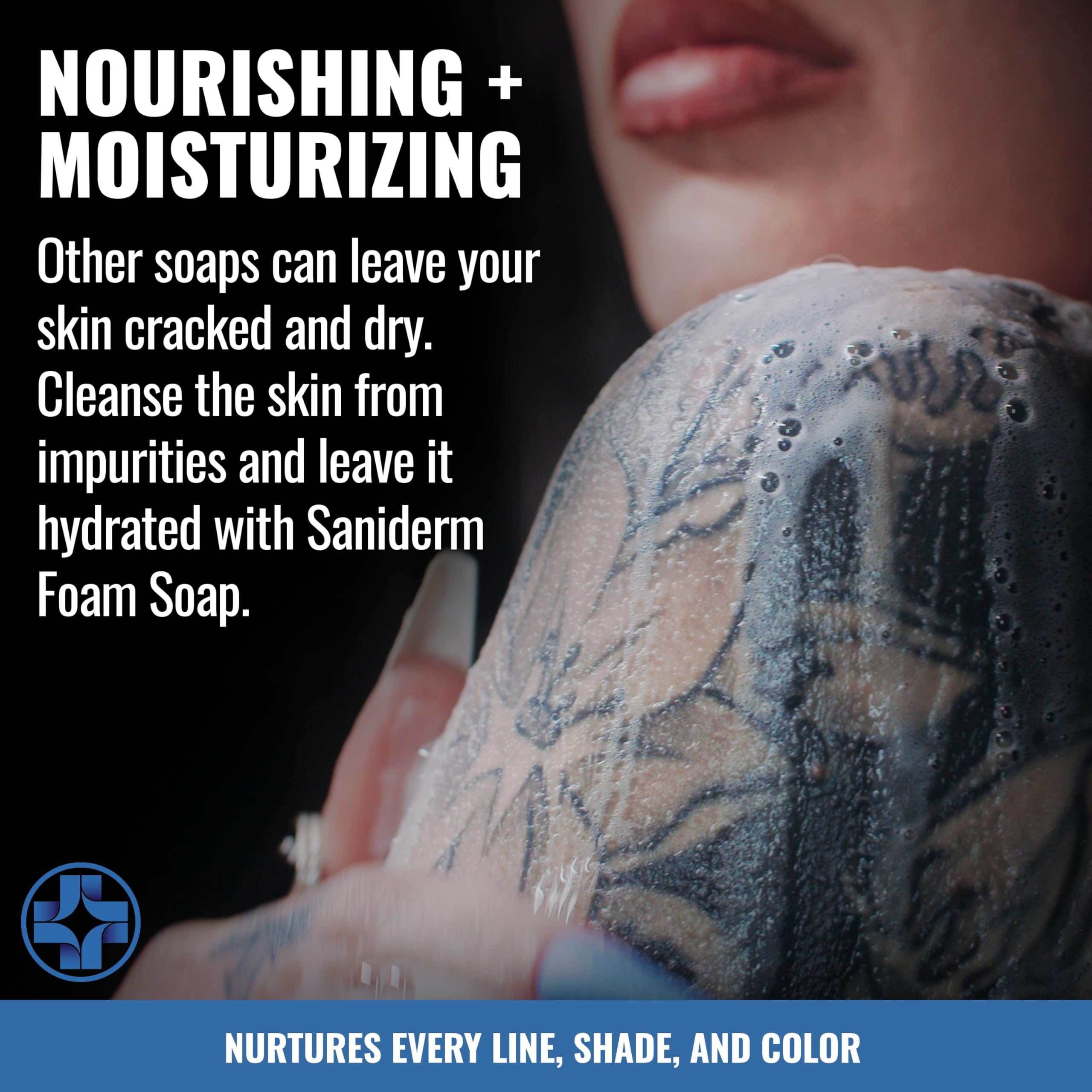 Saniderm Foaming Tattoo Soap ingredients panel shows coconut oil and natural extracts
