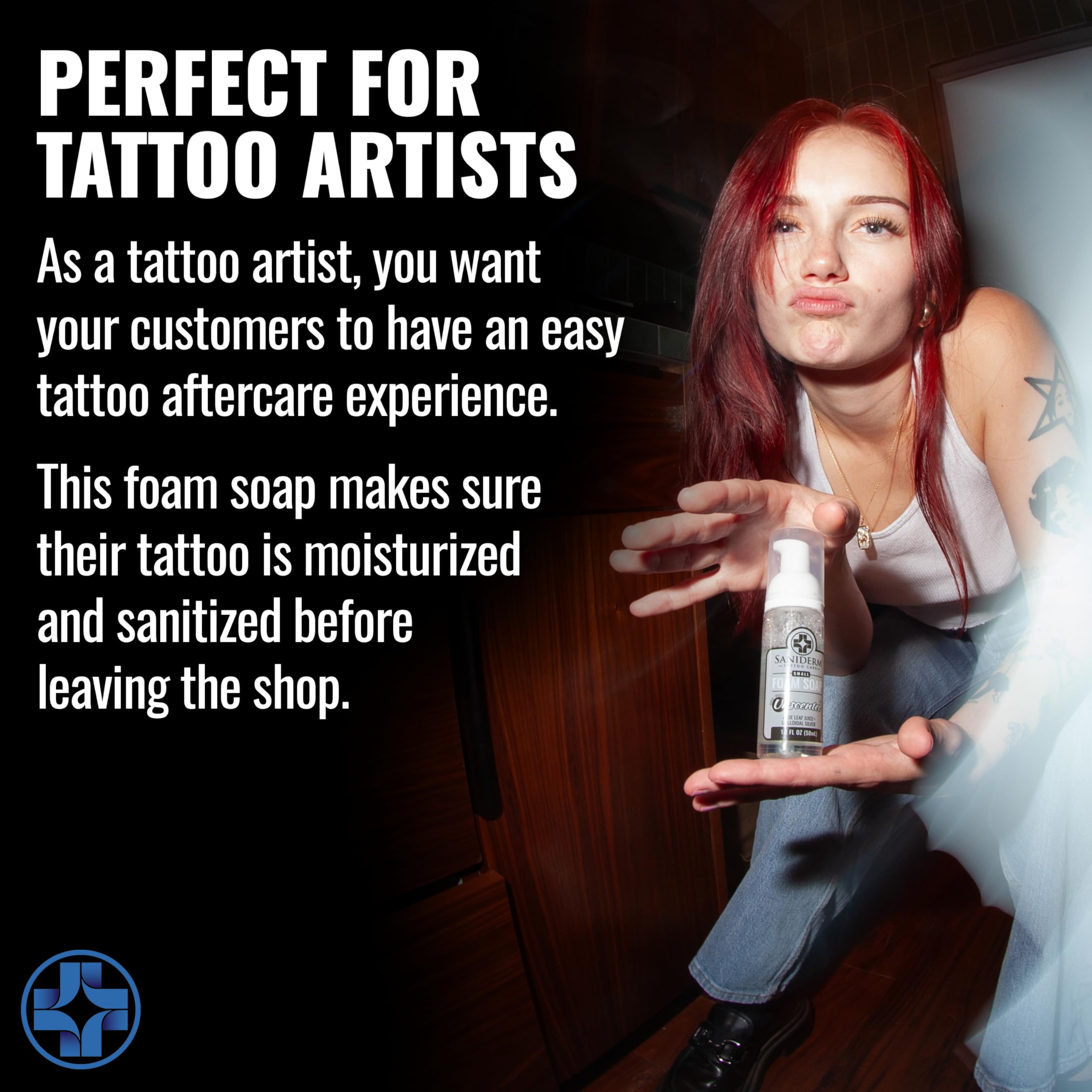 Saniderm Foaming Tattoo Soap label highlights fragrance-free formula for sensitive ink