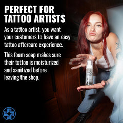 Saniderm Foaming Tattoo Soap label highlights fragrance-free formula for sensitive ink