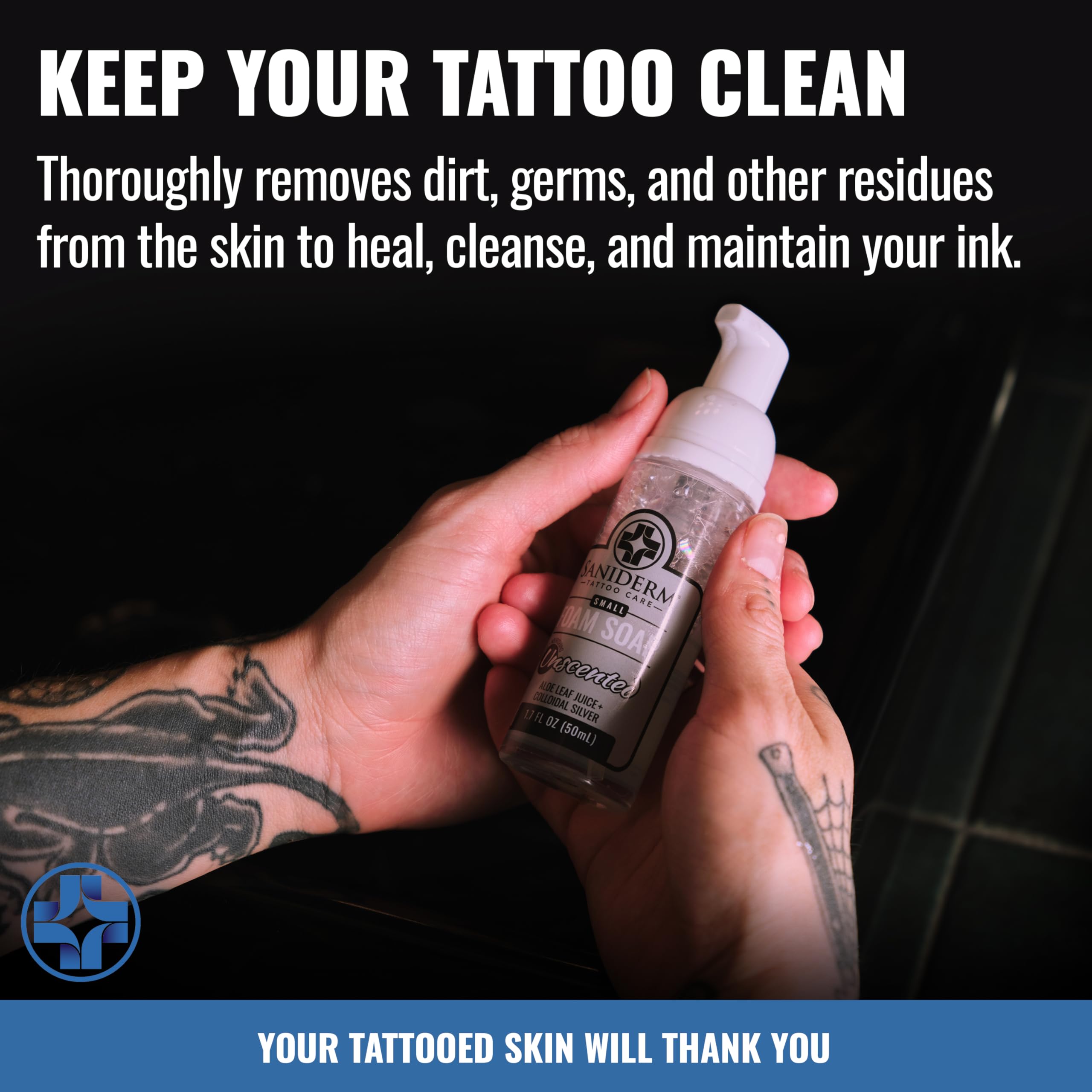 Saniderm Foaming Tattoo Soap packaging on shelf, proudly made in the USA