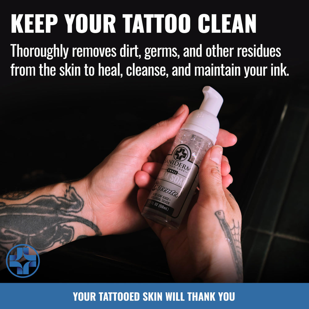 Saniderm Foaming Tattoo Soap packaging on shelf, proudly made in the USA