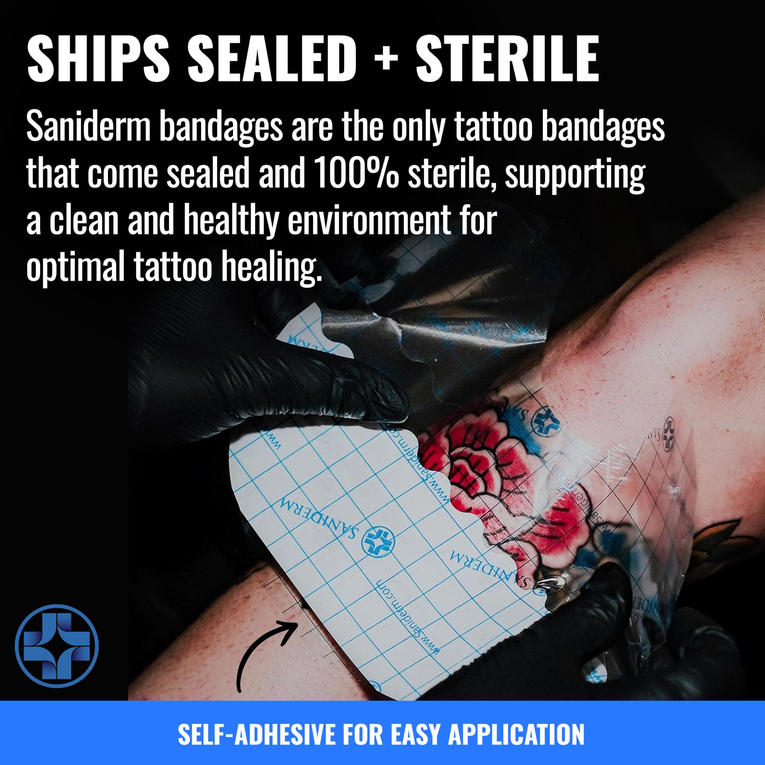 Saniderm latex-free wrap maintaining a clean, sterile healing environment.