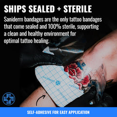 Saniderm latex-free wrap maintaining a clean, sterile healing environment.