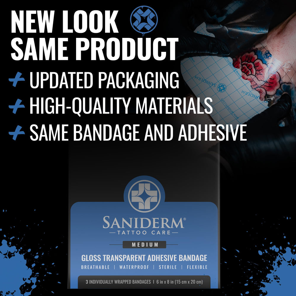 Saniderm tattoo aftercare bandage in use to reduce irritation and scabbing.