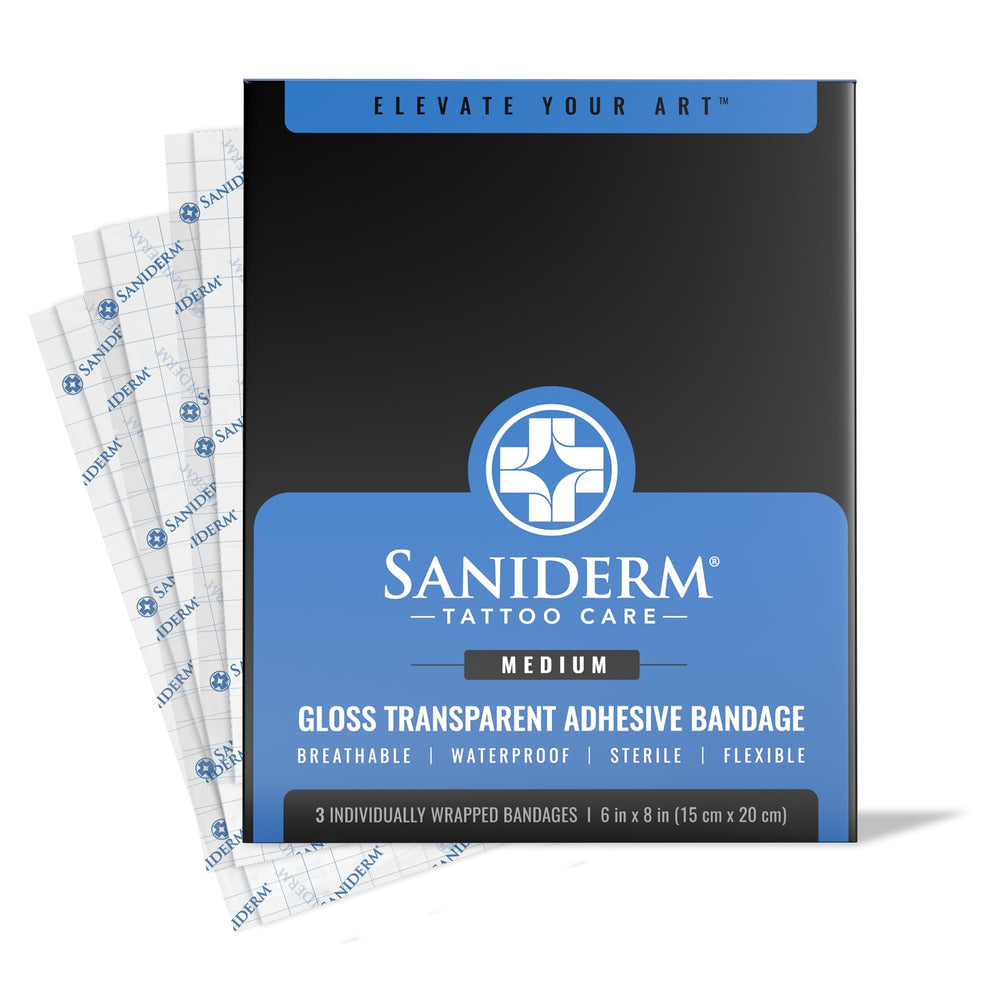 Saniderm Original gloss bandage on tattooed skin for clean, protected healing.