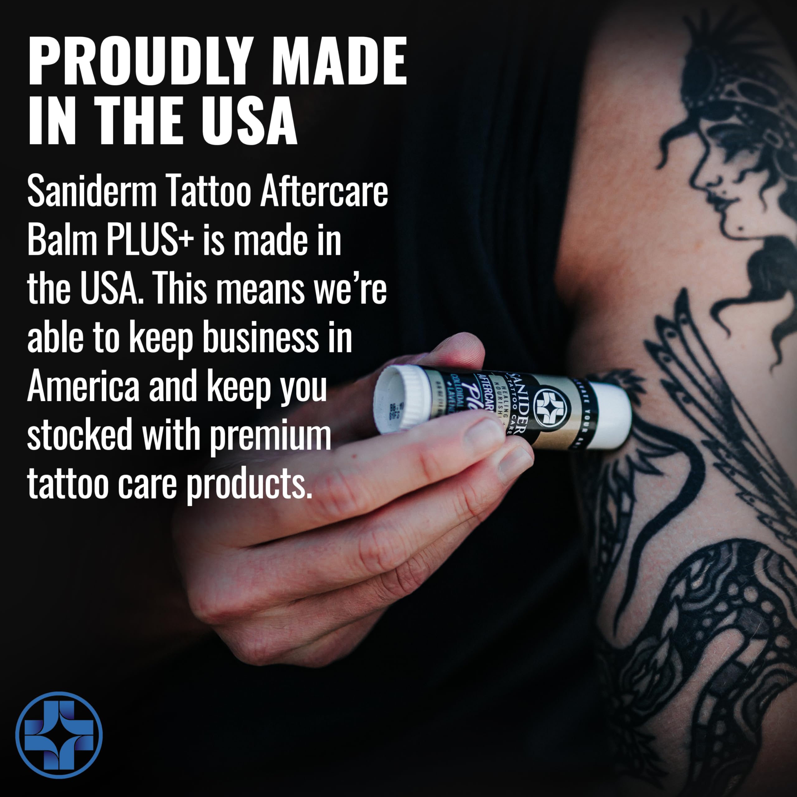 Tattoo artist uses Saniderm Balm Plus for professional aftercare.