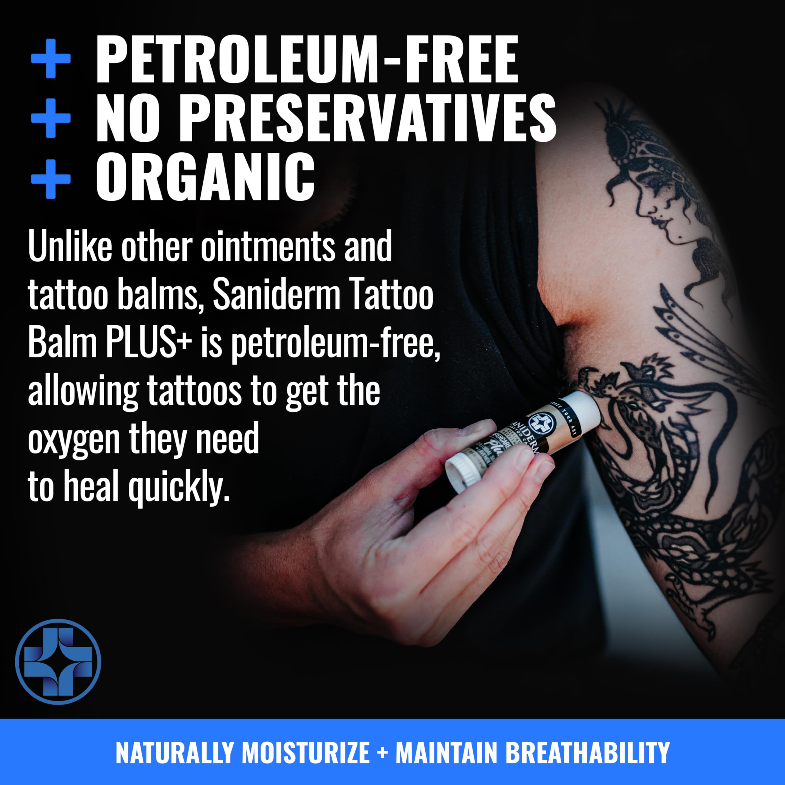 Packaging label for Saniderm Tattoo Aftercare Balm Plus highlighting natural formula.