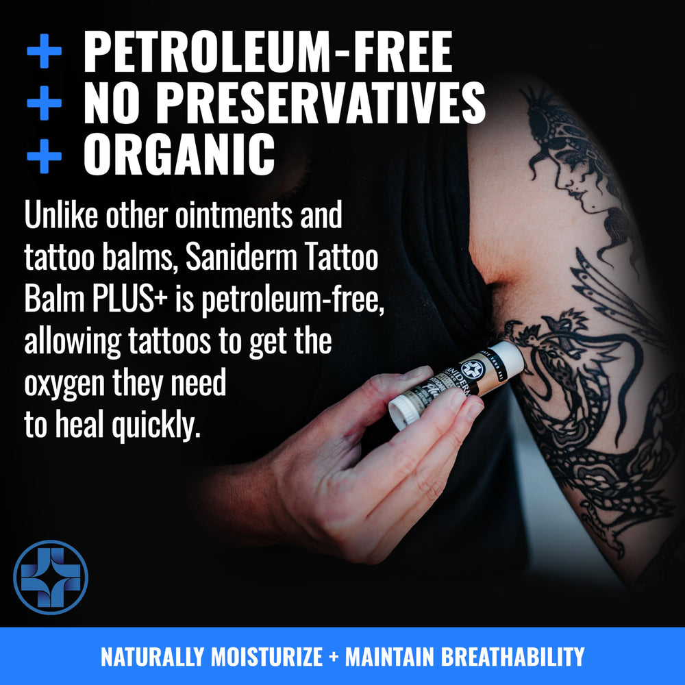 Packaging label for Saniderm Tattoo Aftercare Balm Plus highlighting natural formula.