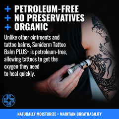 Packaging label for Saniderm Tattoo Aftercare Balm Plus highlighting natural formula.