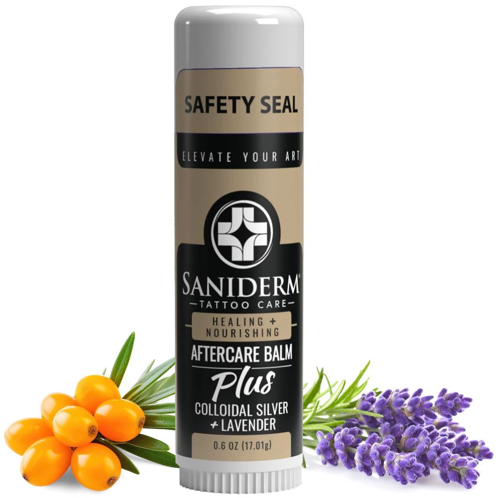Saniderm Tattoo Aftercare Balm Plus small jar for on-the-go hydration.